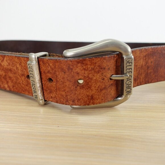 GELEE FASHION Accessories - VINTAGE GELEE FASHION Belt 34 Brown Real Leather Big Buckle Full Grain USA RARE